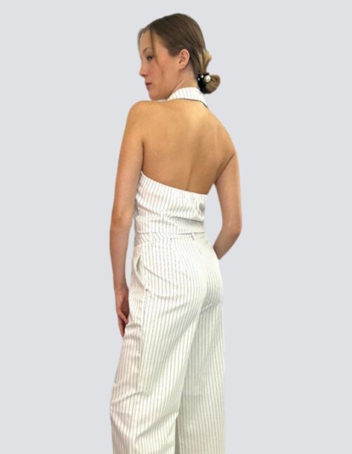Set chaleco cuello halter y pantalón corte recto, blanco con raya de gis negra - Imagen 2