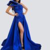 Vestido azul rey, escote corazon en velvet y bordado lentejuela, drapeado y abertura en pierna