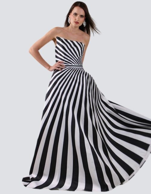 Vestido straple en tafeta, blanco con negro corte princesa