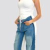 Jeans, doble pretina y detalles desgastados en bloque de color azul/ blanco - Imagen 2