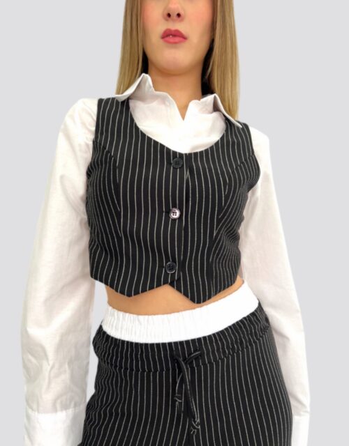 Set chaleco con camisa y pantalón color negro raya de gis blanca - Imagen 2