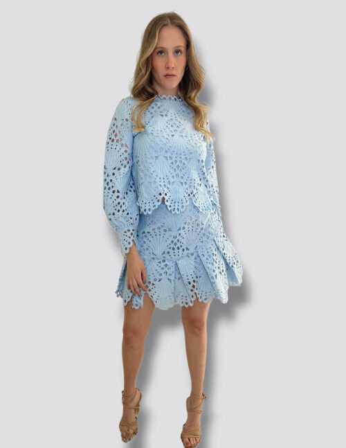 Set blusa en crochet manga larga y minifalda tablones en crochet color baby blue - Imagen 2