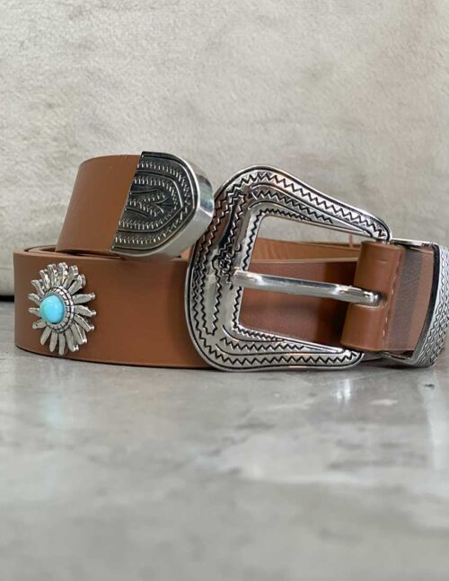 Cinturón marrón estilo western, diseño sol con cuenta azul