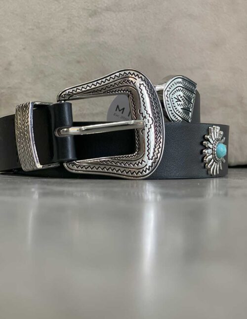 Cinturón negro estilo western, diseño sol con cuenta azul