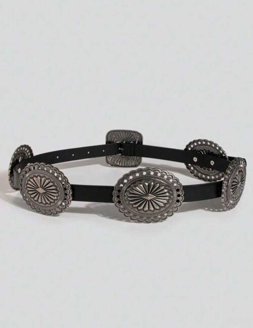 Cinturon negro estilo western, hebillas plateadas