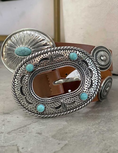 Cinturon marrón boho-chic , hebillas plateadas con cuenta azul