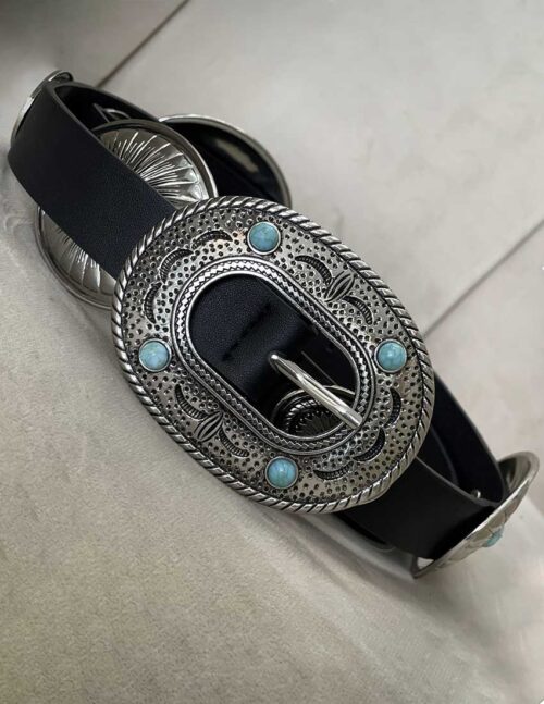 Cinturón negro boho-chic, hebillas plateadas con cuenta azul