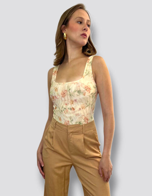 Body  tela mesh amarillo mantequilla estampado flores