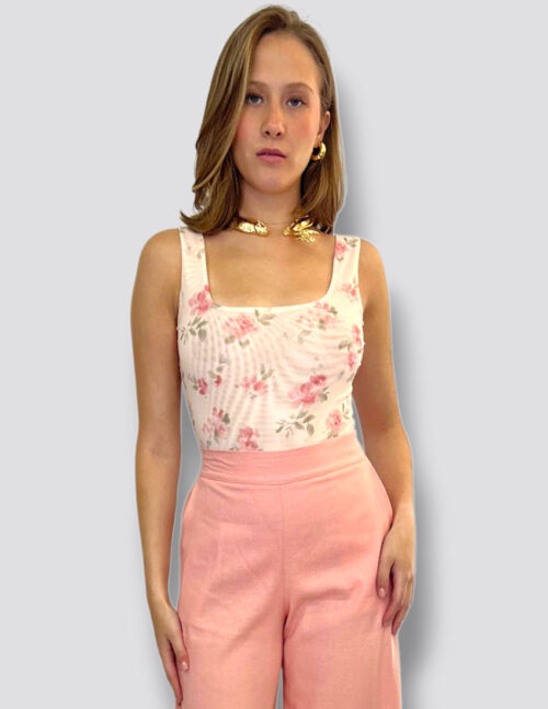 Body tela mesh baby pink estampado flores