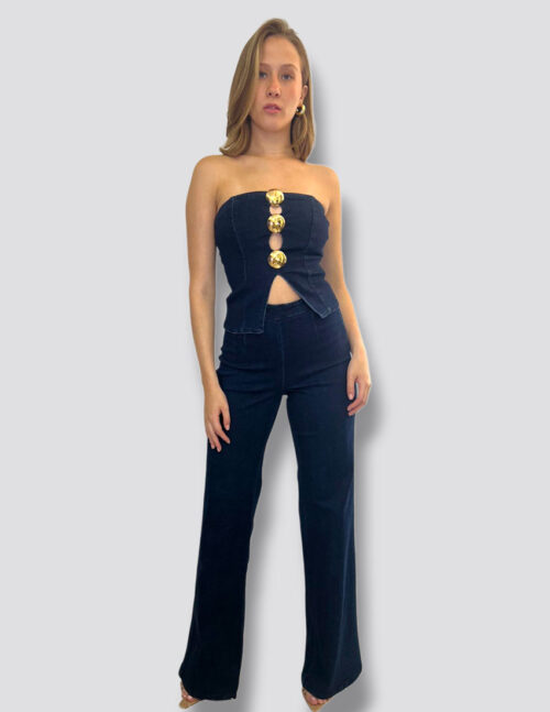 Set denim Steel blue, top straple y pantalón corte recto, botones dorados - Imagen 2