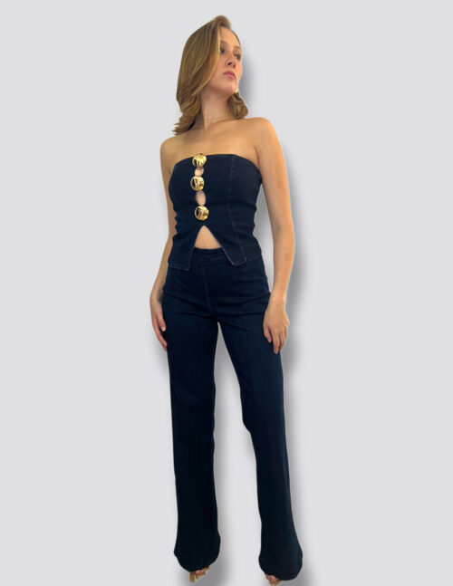 Set denim Steel blue, top straple y pantalón corte recto, botones dorados