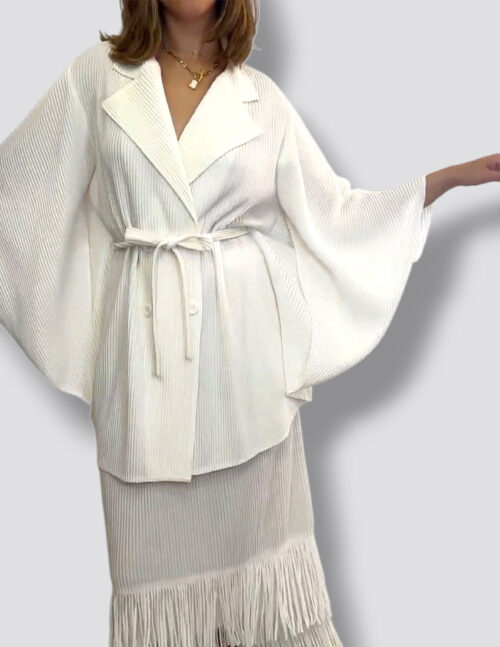 Set caftan y falda recta con flecos, color hueso - Imagen 2