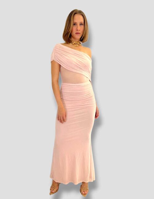 Vestido mesh largo asimetrico, diseño drapeado color sweet peach - Imagen 2