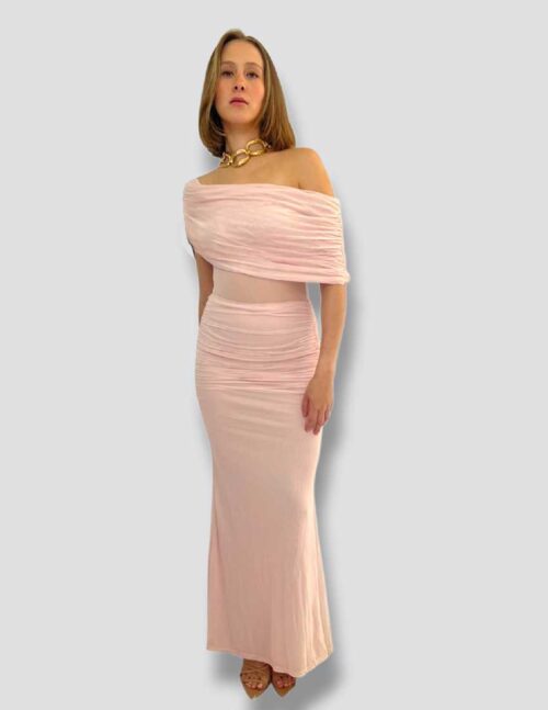 Vestido mesh largo asimetrico, diseño drapeado color sweet peach