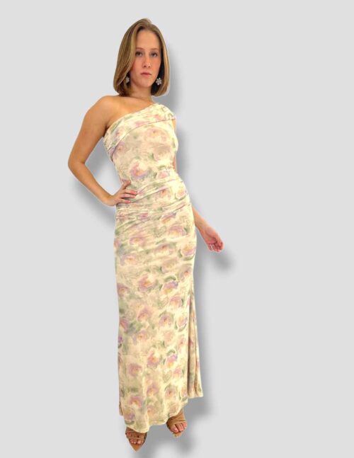 Vestido mesh  largo un hombro, drapeado en cintura con print de flores - Imagen 2