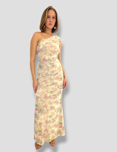 Vestido mesh  largo un hombro, drapeado en cintura con print de flores