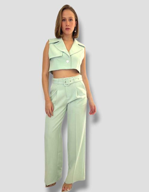 Set chaleco sastre corto y pantalón recto color verde pistache - Imagen 2
