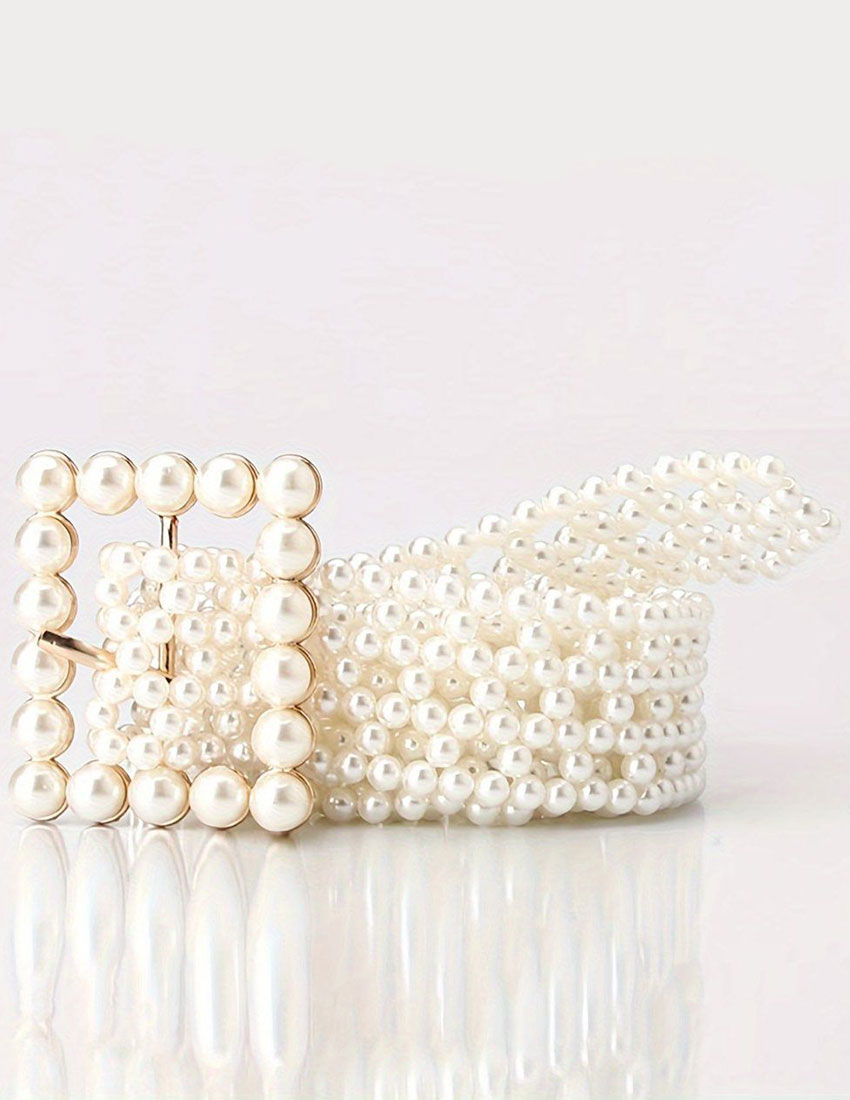 Cinturón, imitación perlas, hebilla cuadrada