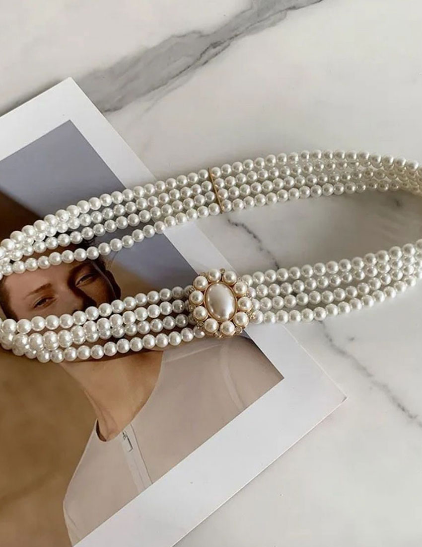 Cinturón 4 líneas de imitación perlas con hebilla ovalada