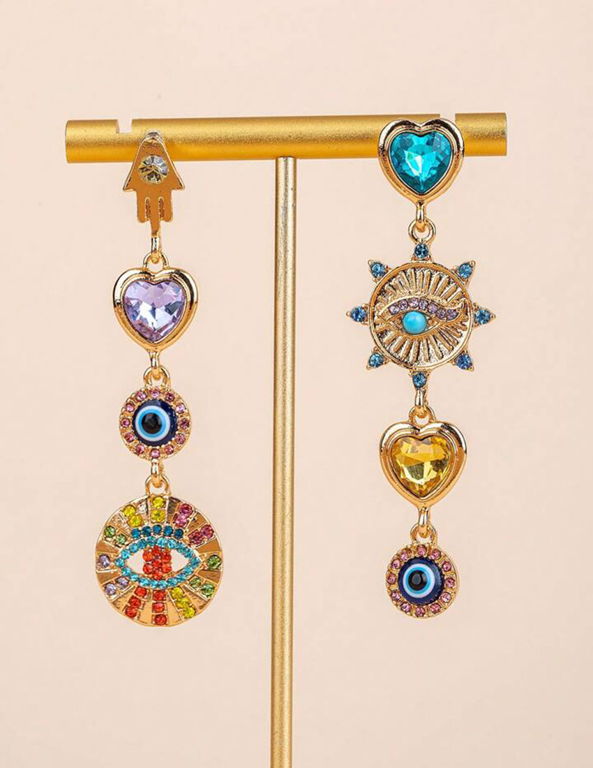 Aretes largos cristales de colores asimetricos, diseño ojo de la suerte