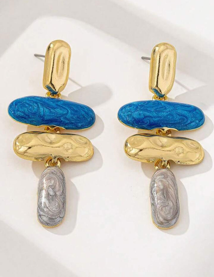 Aretes de gota de esmalte asimetrico, azul rey con dorado