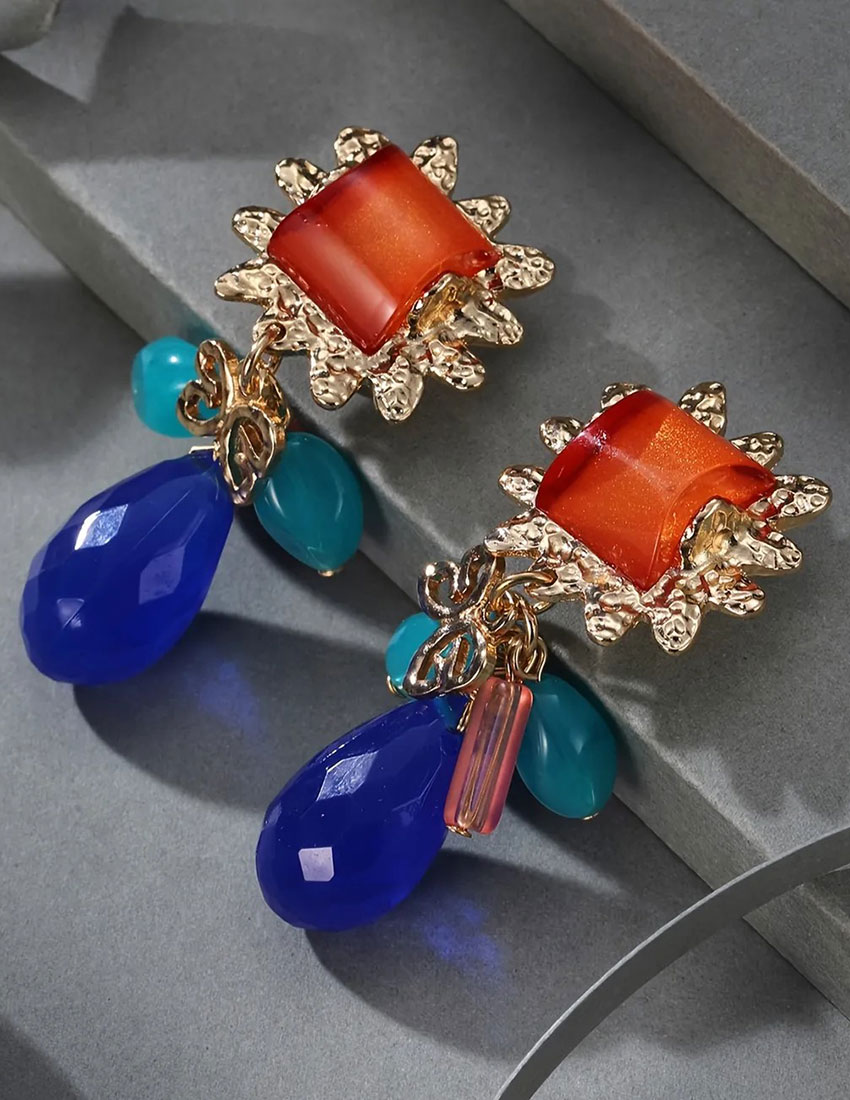 Aretes largos cuenta de acrilico cuadrada naranja y gotas azules
