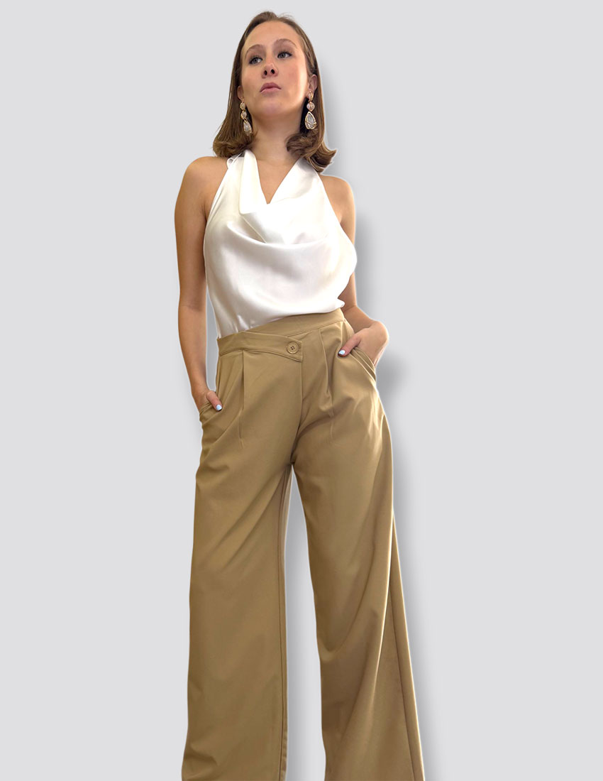 Palazzo cuello desbocado espalda descuebierta blanco con beige