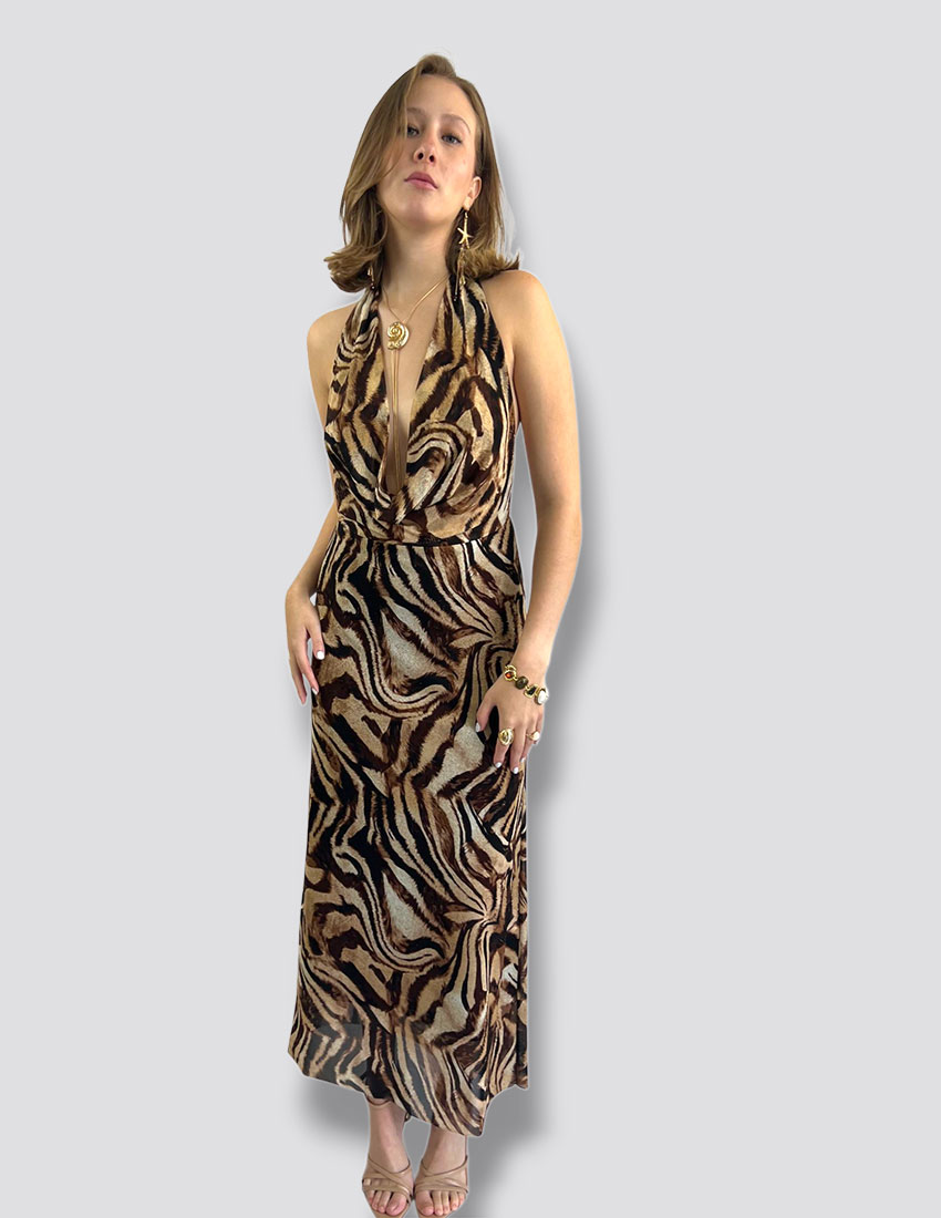 Vestido escote desbocado, espalda descubierta animal print leopard