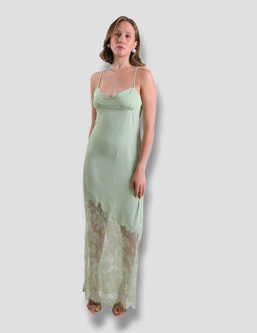Vestido satin verde pistache encaje