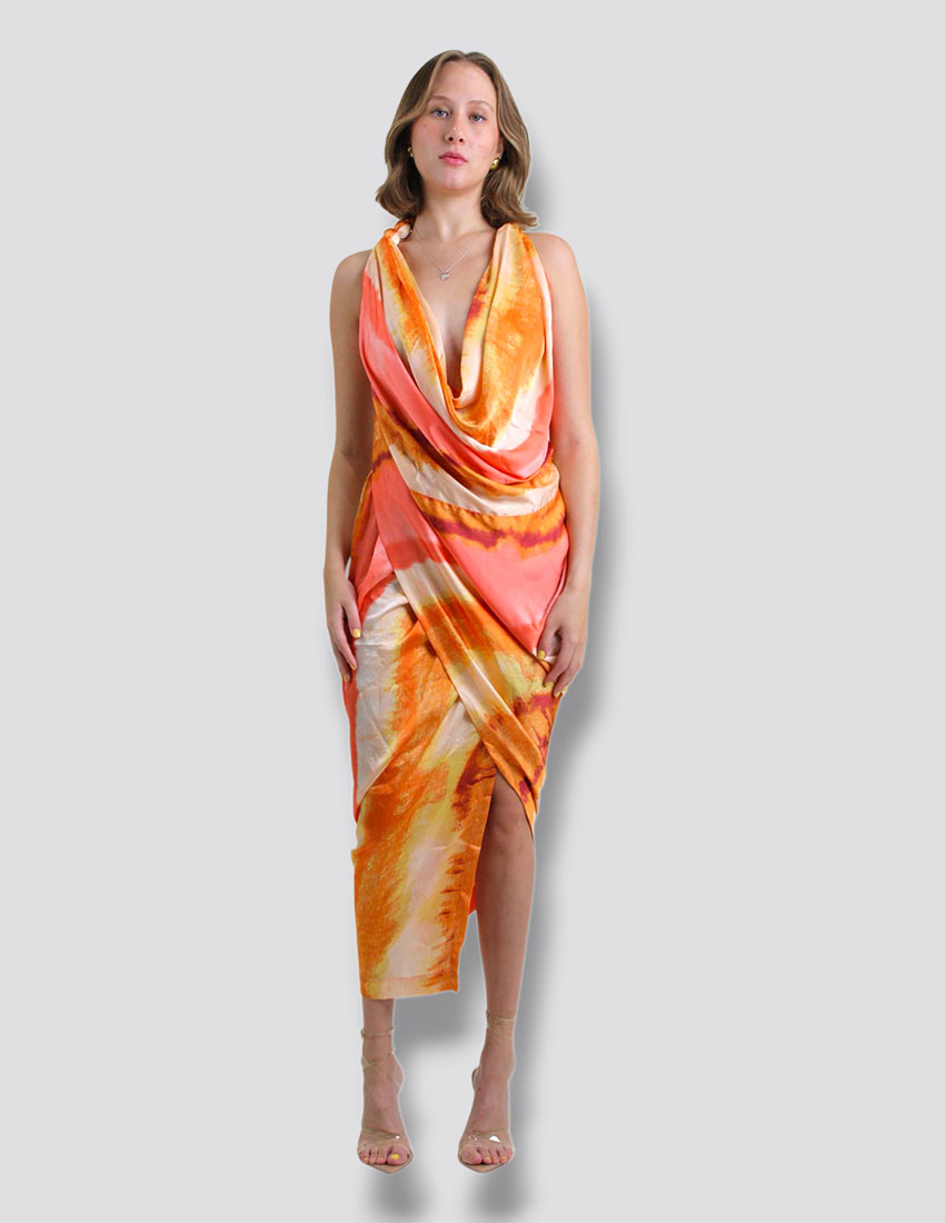 Vestido asimetrico tie dye tonos naranja