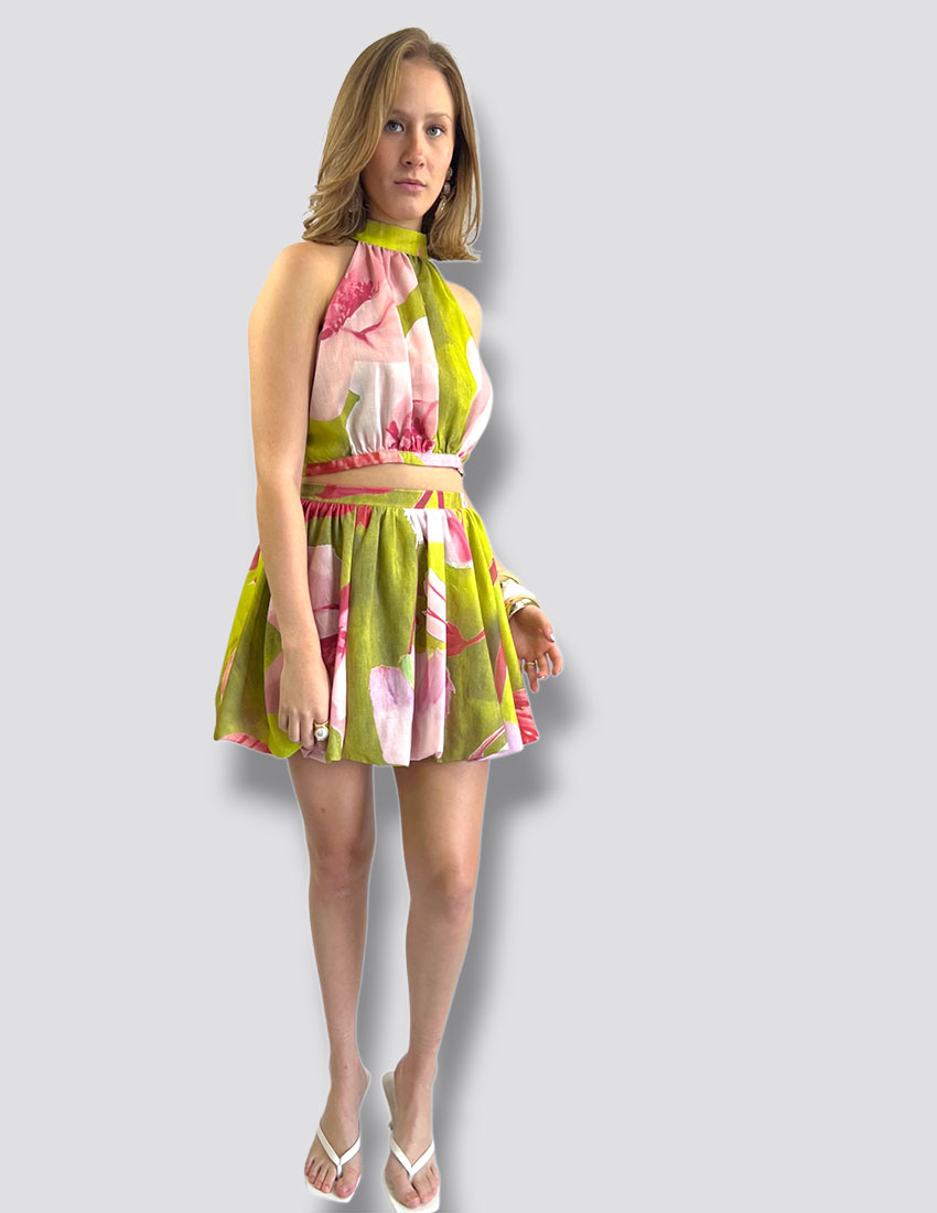 Set blusa y minifalda globo estampado flores