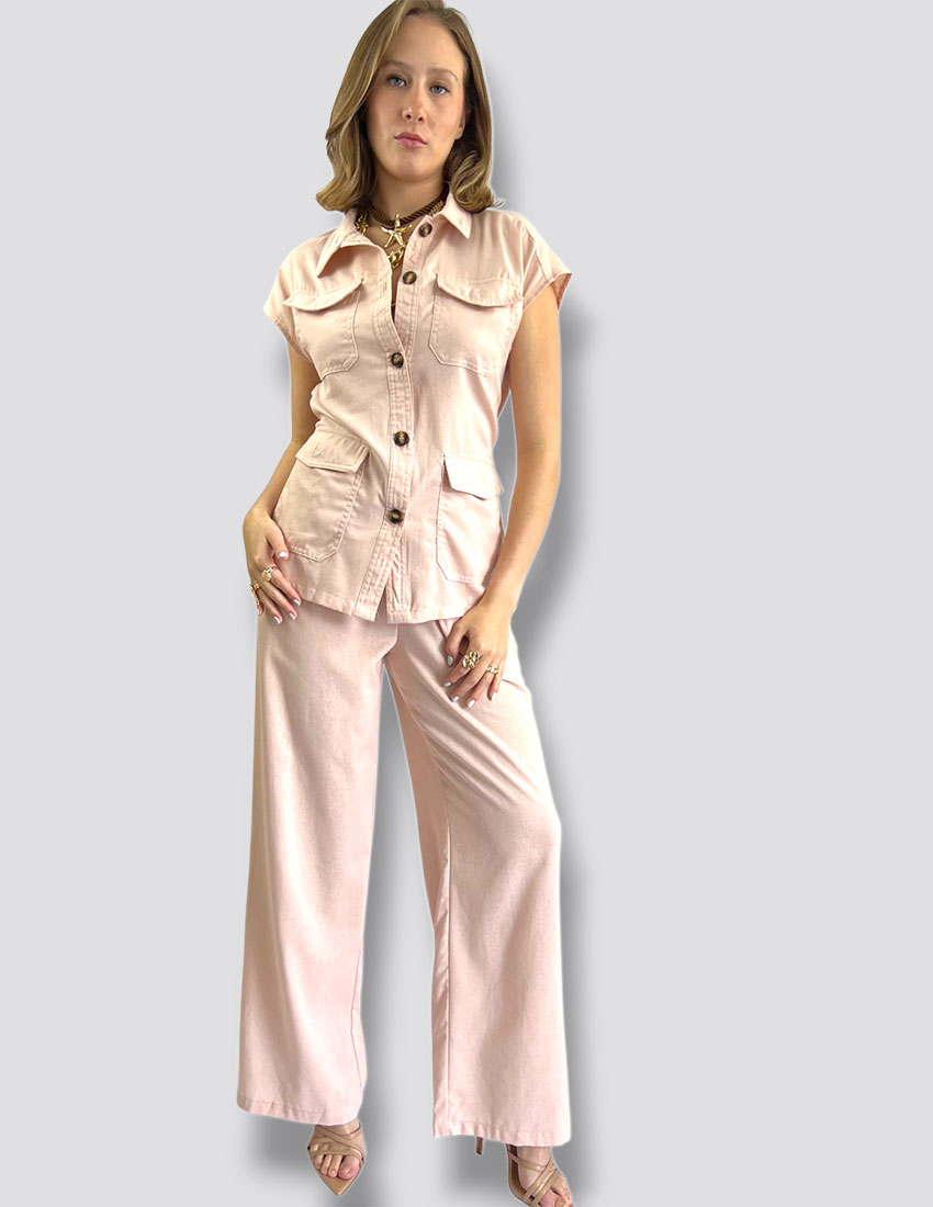 Set lino baby pink y pantalon corte recto estilo sahara
