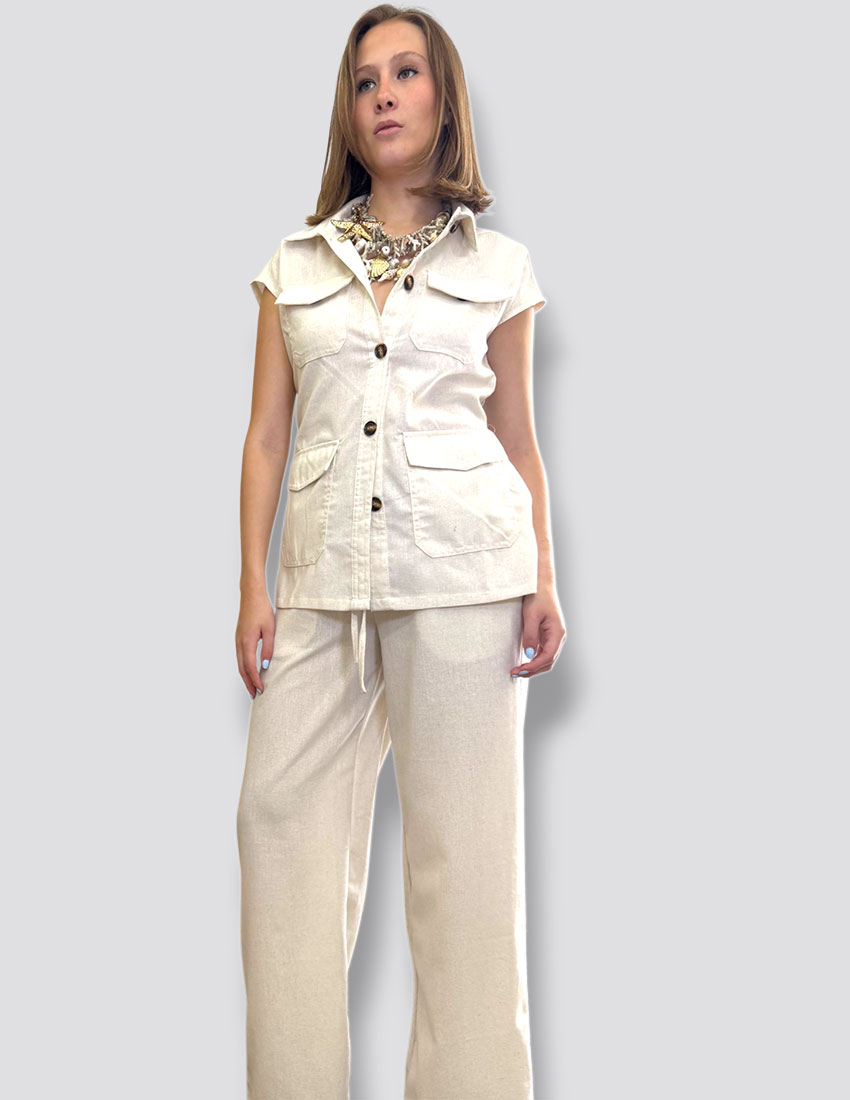 Set chaleco en lino estilo sahara  color hueso y pantalon corte recto