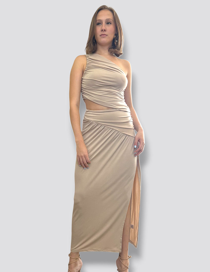 Set top un hombro y falda linea A fruncido a los costados Moka