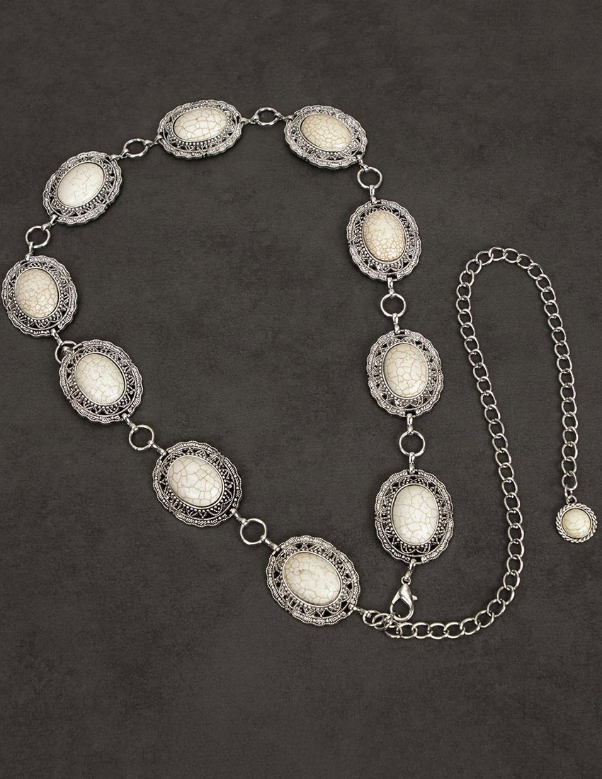 Cinturón plateado con cuenta beige, boho vintage