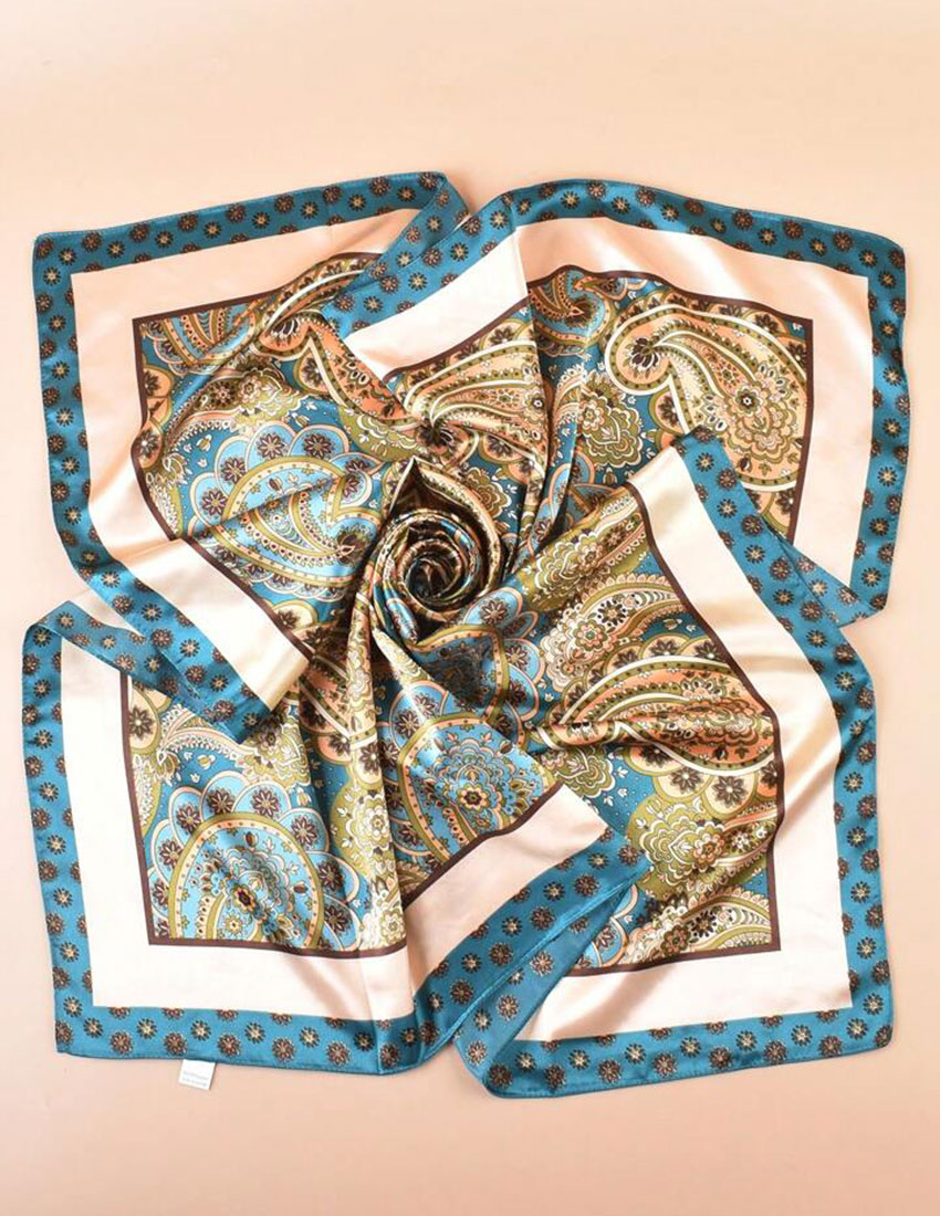 Pashmina satin diseño flores y amibas tonos amarillo mantequilla, café y teal