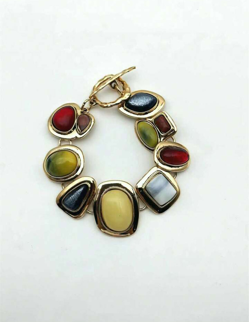 Pulsera vintage aleación de zinc con piedras de resina multicolores