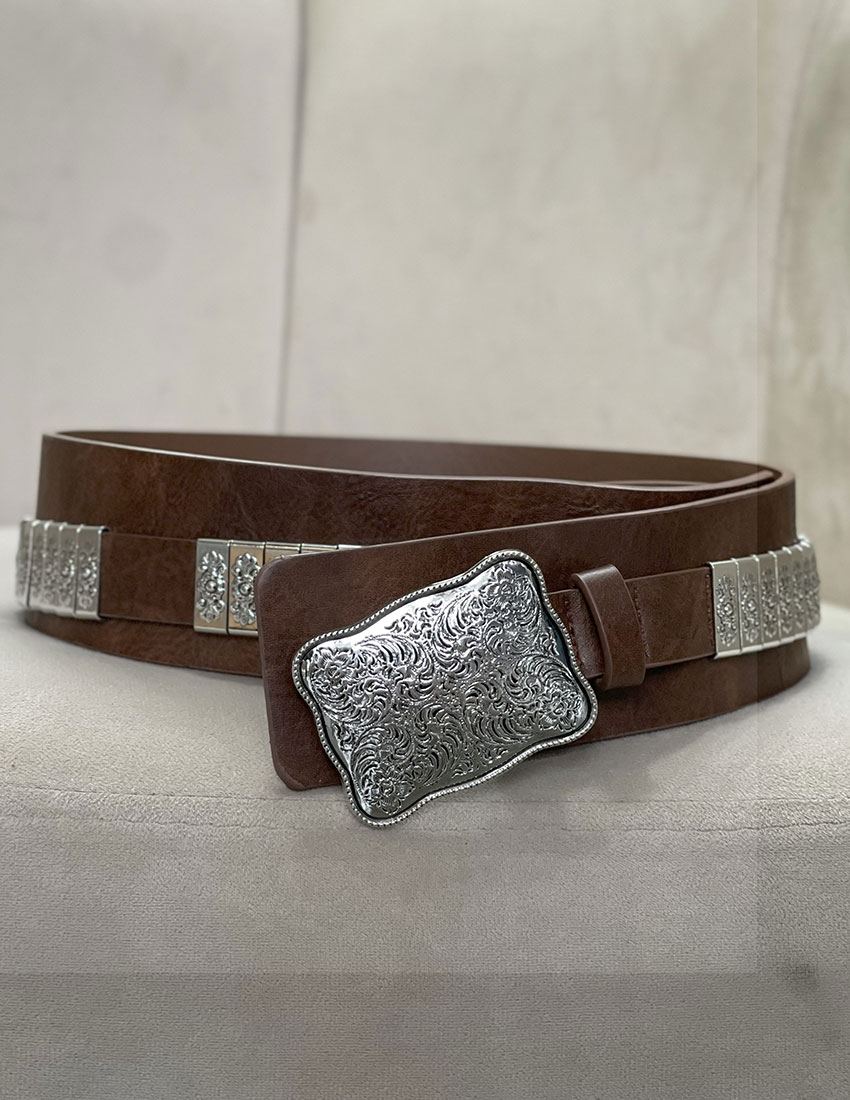 Cinto western olor cafe villa vaquera en plata