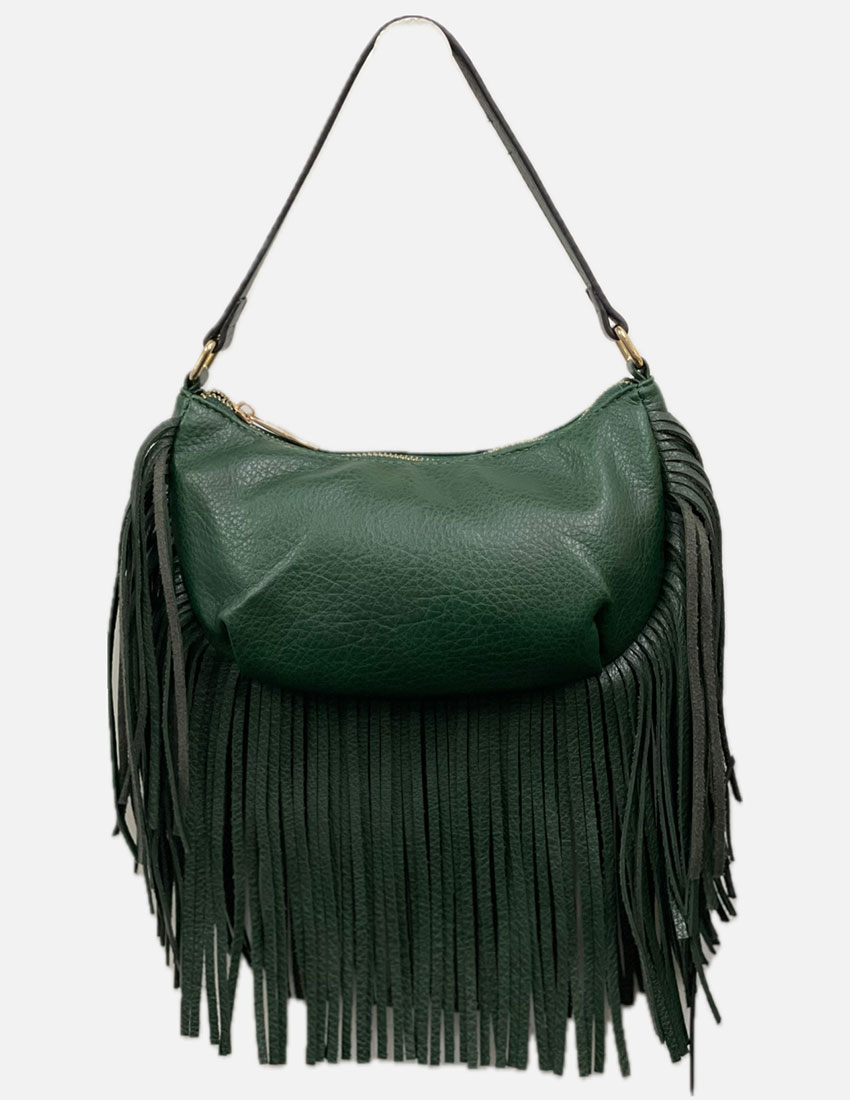 Bolso hobo imitacion piel, con flecos en tono verde oscuro