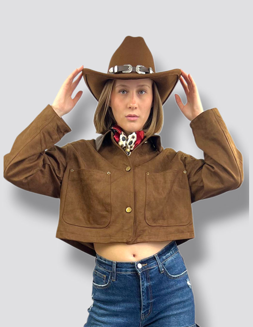 Chamarra Corta en suede con cuello vinipiel color capuccino