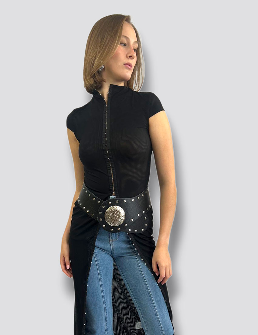 Vestido largo, color negro, tela spandex con broches de gancho