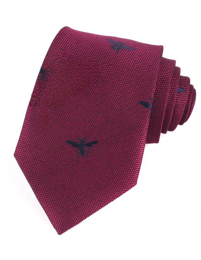 Corbata en poliester burgundy, diseño abejas bordadas