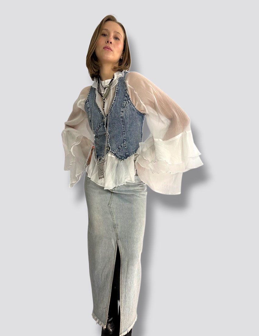 Blusa de gasa boho, color blanco, volantes en manga