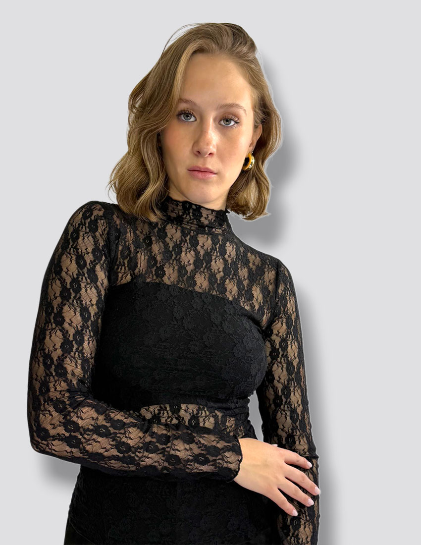 Blusa manga larga encaje color negro