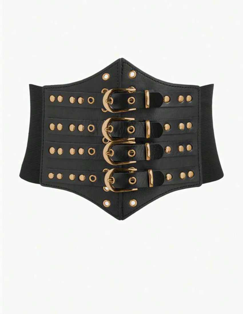 Cinto tipo corsette, estilo gótico, negro diseño hebillas y remaches