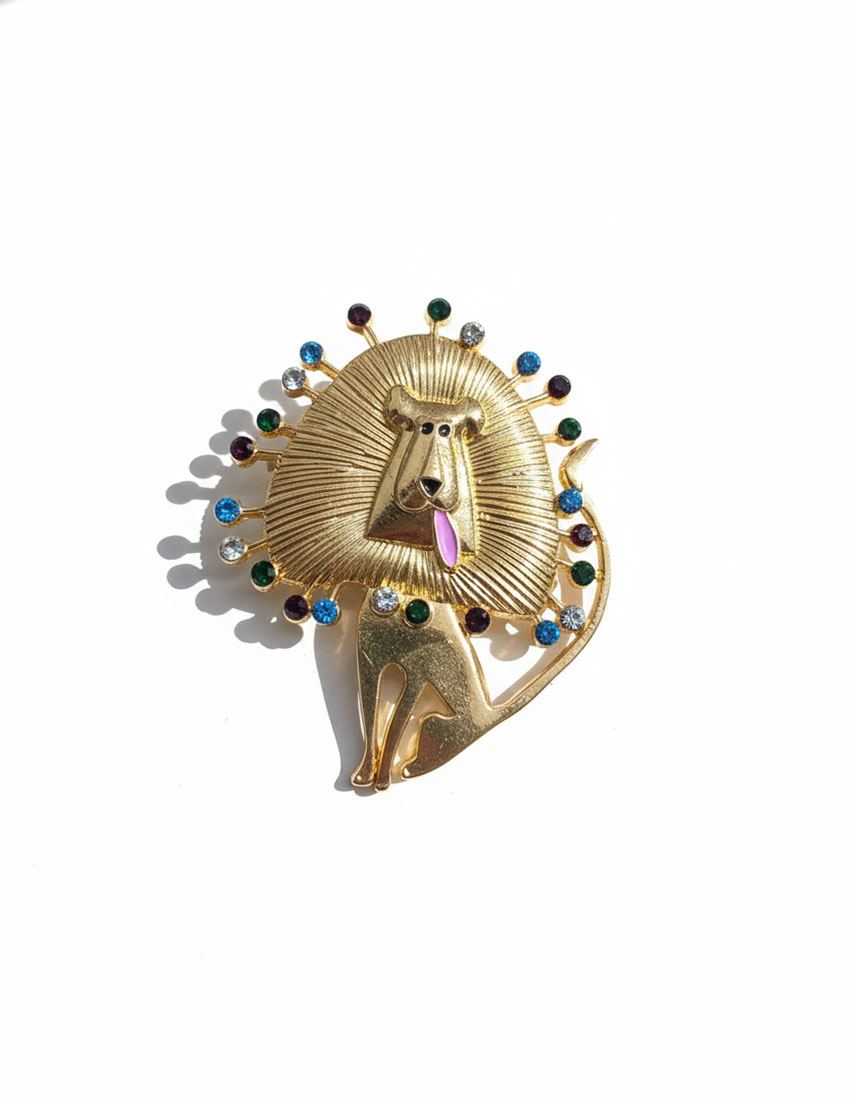 Broche diseño leon dorado con pedreria multicolor