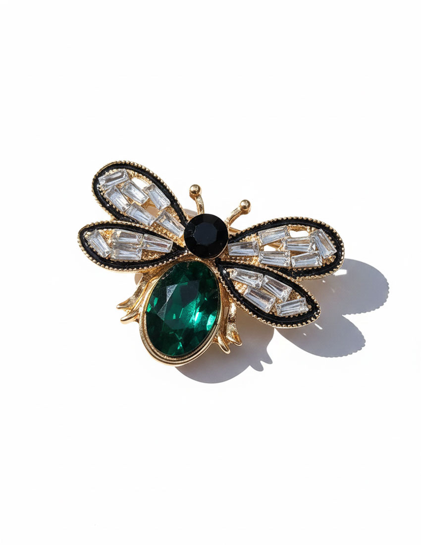Broche de abeja con cristales de imitación verde y negro